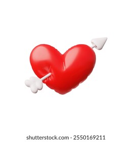 Vector 3D illustration of an inflatable red heart shape pierced by a white arrow. Symbol of love and relationships. Valentine's Day. Balloon. Icon for design on an isolated background.