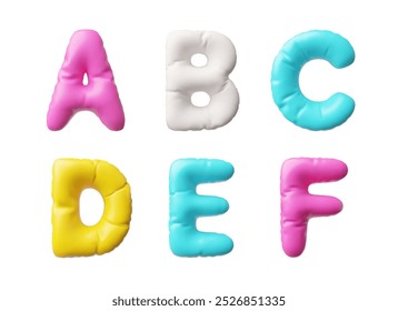 Vector 3D illustration of inflated letters of the English alphabet ABCDEF. These letters are multi-colored, located on an isolated white background. Air balloon. Render.