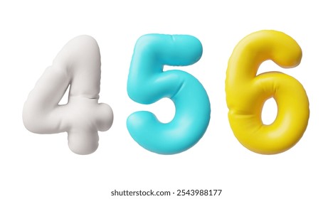 Vector 3D illustration of inflated multi-colored numbers 4, 5, 6. Bright objects in the form of balloons on an isolated white background. Children's cartoon style.