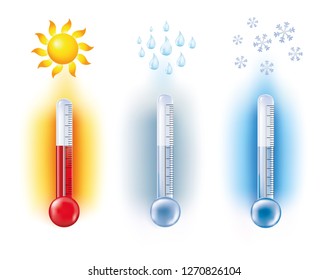 Vector 3d illustration with isolated thermometer measuring temperature with sun - rain - snow symbols. Weather forecast