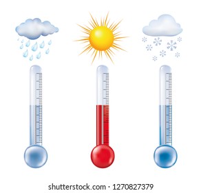 Vector 3d illustration with isolated thermometer measuring temperature with sun symbols - cloud with rain - snow. Weather forecast