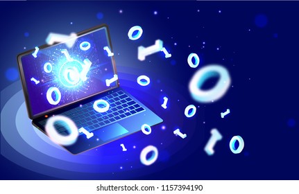 Vector 3D illustration of laptop with binary digits (0,1) on shiny blurred background for coding or programming concept.