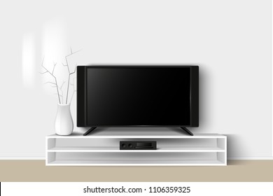 Vector 3d illustration of LED 4k TV stand on a wooden table. House living room modern interior design. Copy space template.
