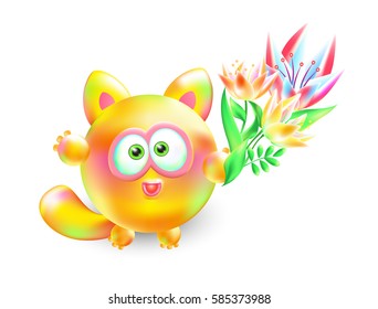 Vector 3d illustration little kitten. Realistic multi-colored cheerful cat with beautiful bouquet of flowers on a white background