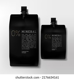 Vector 3D Illustration Matte Black Packet, Pouch Or Sachet Pack Illustration For Skin Or Health Care Products.