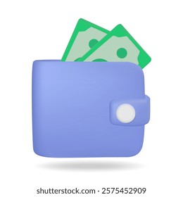 vector 3d illustration of minimalistic blue wallet icon with a green banknote sticking out For finances, budgets, digital transactions, applications, online wallets.  isolated on white background