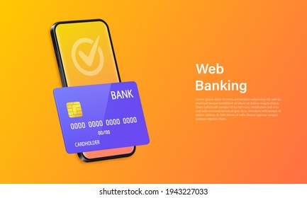 Vektorgrafik 3D Handy mit Kontrollzeichen auf dem Bildschirm. Digitale Finanzdienstleistungen und Online-Shopping.Internet Banking. Zugang zu Geld auf einer Bankkarte über eine App auf einem Smartphone