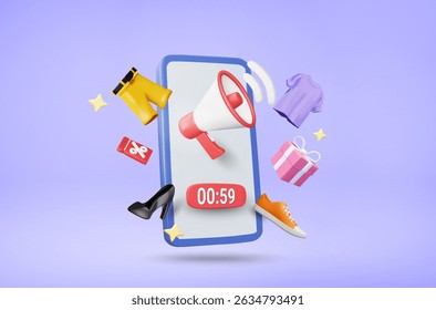 Ilustração em 3D vetorial de celular mostrando anúncio de megafone com sinal 00:59. Roupas, sapatos, caixas de presente e cupons de desconto. Conceito de venda flash, promoção por tempo limitado, compras on-line.