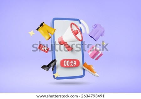 Vector 3D illustration of mobile showing megaphone announcement with 00:59 sign. Clothing, shoes, gift boxes and discount coupons. Flash sale concept, limited time promotion, online shopping.