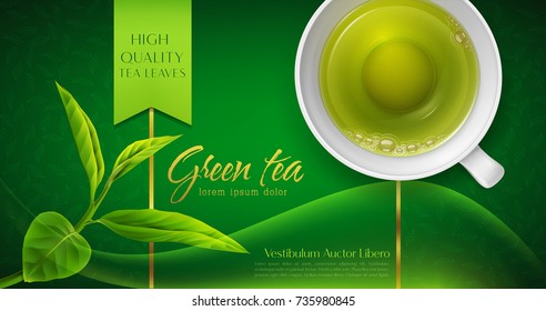 Vector 3d illustration with a mug of green tea and leaves on a green background. Template for packing. Element for design, advertising of product promotion, banner