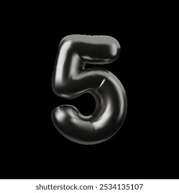 Ilustração vetorial 3d do número cinco, em cromo preto brilhante. Forma insuflada em fundo escuro isolado. Balão. Ícone realista. Elemento de design.
