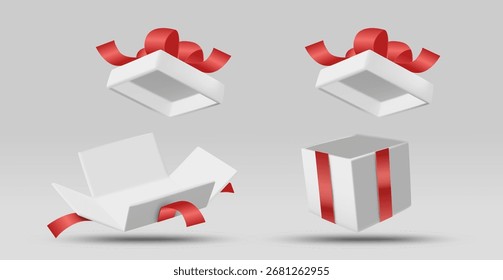 Vector 3D illustration of an open white gift box, with the lid floating upwards and a red ribbon tied around it, giving a sense of surprise. For advertising, promotions, New Year, Christmas.