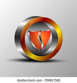 The vector 3d illustration of orange shield in circle shaped logo