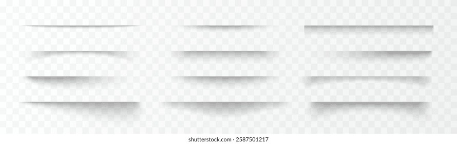 Vector 3d illustration of paper shadow lines set on transparent isolated background. Realistic soft edged stripes. Bottom border overlay. For websites and leaflet mockups.
