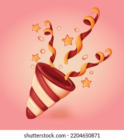 Vector 3d illustration Party Popper with confetti, stars. Element design, poster, postcard.