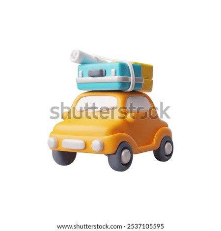 Vector 3d illustration of a passenger car, yellow with suitcases on the roof. Car with luggage, travel, vacation and transport concept. Cartoon style on an isolated background.