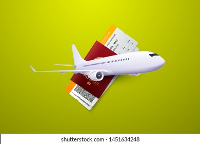 Vector 3d illustration of passport, boarding pass and airplane. Travel agency concept. Booking service. Air transportation. Flight tickets. Advertising banner.