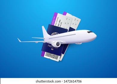 Vector 3d illustration of passports, boarding passes and airplane. Travel concept. Booking service or travel agency sign. Air transportation. Flight tickets. Advertising banner. - Shutterstock ID 1472614706