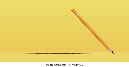 Vector 3d illustration of a pencil drawing a line on a yellow surface, fine arts education concept, abstract background