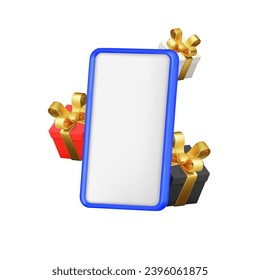 Ilustración vectorial 3D con teléfono y cajas de regalo aisladas en fondo blanco. Concepto de cumpleaños, ganadores, regalos, descuentos y ventas.