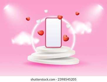 Vector 3D illustration with a phone on a podium with hearts and a neon circle on a pink background. Concept for congratulations on Valentine's Day, wedding, anniversary.