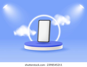 Vector 3D illustration with a phone on a podium, clouds and a neon circle on a blue background.