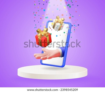 Vector 3D illustration with a phone on a podium, confetti and gift boxes. Concept for birthday, winning, gift, holiday discounts and sales.