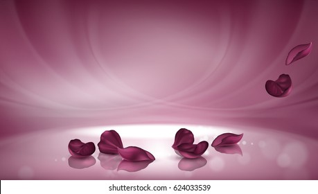 Vector 3D illustration pink background with burgundy rose petals and bokeh