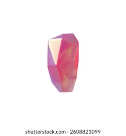 Vector 3d illustration of pink crystal with smooth edges, holographic surface and reflective light. Jewelry, Diamond, shining gemstone. Cartoon style. Isolated background.