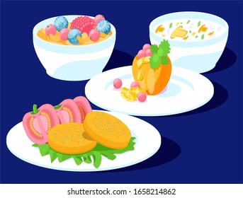 Vector 3D illustration plates food, which includes muesli, berries, mushroom soup, baked apple with walnuts, mushroom cutlets, tomatoes. Concept Mediterranean, Scandinavian diet, health, weight loss