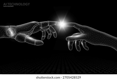 Vector 3D illustration of a polygonal concept, the hands of a human and a humanoid robot touching each other, a symbol of teamwork, collaboration, training, and artificial intelligence assistance.
