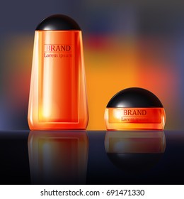 Vector 3D illustration poster with anti-aging cosmetic premium products for face, body or hands. Black and orange background with beautiful bottle and jar in a realistic style