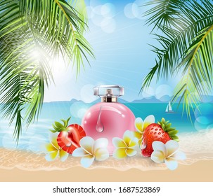 Vector 3D illustration poster with  beautiful pink women's perfume, tropical flowers and fruit, against the background of palm leaves and water. Beauty and cosmetics background. Use for advertising