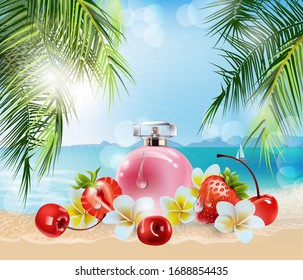 Vector 3D illustration poster with  beautiful pink women's perfume, tropical flowers and fruit, against the background of palm leaves and water. Beauty and cosmetics background. Use for advertising