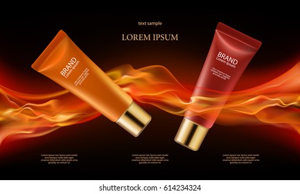 Vector 3D illustration poster with day and night anti-aging cosmetic premium products, black background with beautiful red and orange tubes and liquid fire