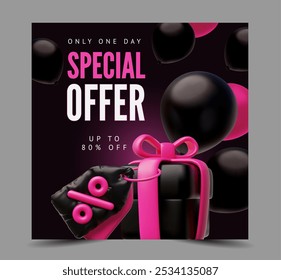 Vector 3d illustration of a poster with a gift box, black, with a red ribbon and a label with a percent sign on the background of black balloons. Advertising for Black Friday with space for text.
