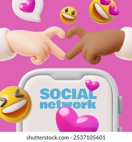 Vector 3d illustration of poster with hands with different skin showing heart, mobile phone and happy emoji. Online communication, love and attitude. Social network. Cartoon style. Place for text.