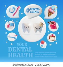 Vector 3d illustration of poster with healthy and sick tooth, with tooth cleaning products and junk food. Happy and sad characters exchanging messages. Dental clinic. Oral hygiene and cleanliness.