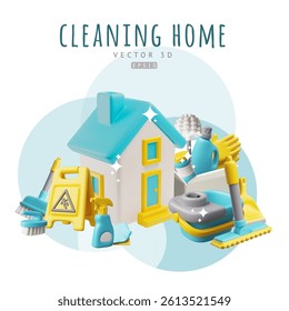 Vector 3D illustration of a poster with a house surrounded by cleaning equipment and detergents. Concept of cleanliness, cleaning services and household hygiene. Cartoon style. Space for text.