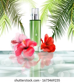 Vector 3D illustration poster with moisturizing cosmetic premium products, against the background of palm leaves and water.