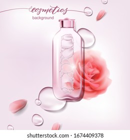 Vector 3D illustration poster with moisturizing cosmetic premium products, pink background with beautiful spray bottle with a pink rose and watery texture