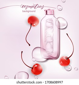 Vector 3D illustration poster with moisturizing cosmetic premium products, pink background with beautiful spray bottle with red ripe cherries and watery texture