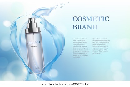 Vector 3D illustration poster with moisturizing cosmetic premium product, light-blue background with beautiful spray bottle and watery texture