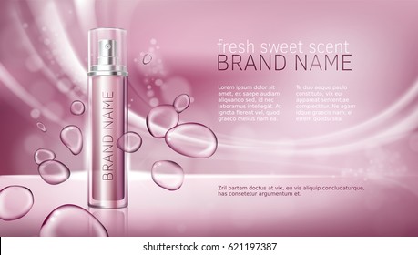 Vector 3D illustration poster with moisturizing cosmetic premium products, pink background with beautiful spray bottle and watery texture