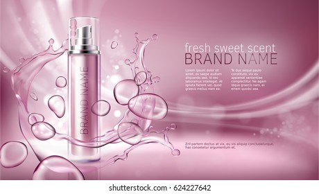 Vector 3D illustration poster with moisturizing cosmetic premium products, pink background with beautiful spray bottle and watery texture