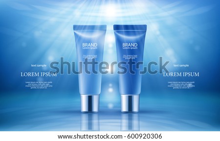 Vector 3D illustration poster with moisturizing cosmetic premium products, blue background with beautiful tubes and beams of light