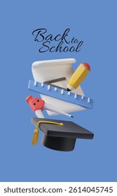 Vector 3D illustration of poster with paper sheet, ruler, pencil, compass and student hat. Back to school theme. Education and learning. Cartoon style. Isolated blue background. Space for text.