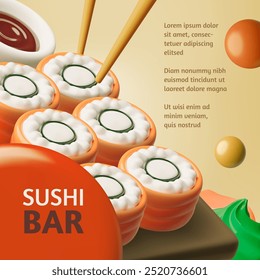 Vector 3d illustration of a poster with red fish sushi, soy sauce and chopsticks on Tamaki-Dai. Perfect for sushi bar advertising in cartoon format. Space for text.