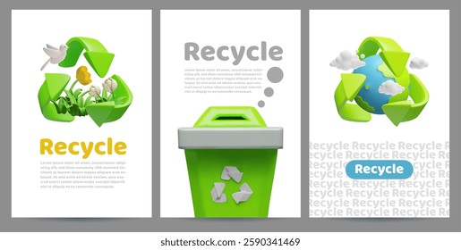 Vector 3D illustration of poster set with trash bin, planet, flowers and green recycling arrows. Save the environment. Ecology concept. Flyers with space for text. Cartoon style. Rendering.