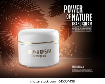 Vector 3D illustration for the promotion of moisturizing and nourishing cosmetic premium product. Matt white jar with cosmetic on background with palm leaf and glowing elements
